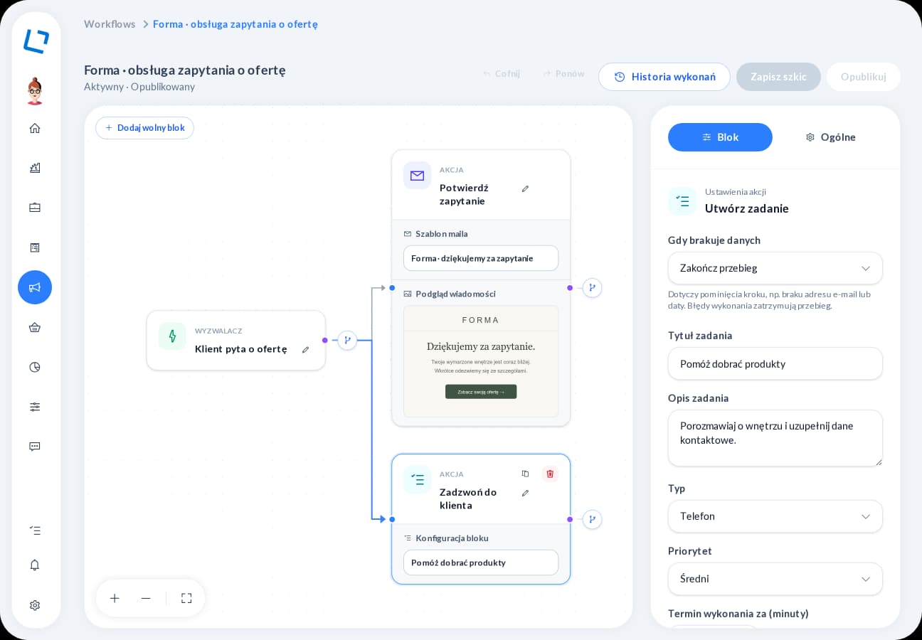 Wizualny edytor workflow oroom.one z połączonymi krokami procesu