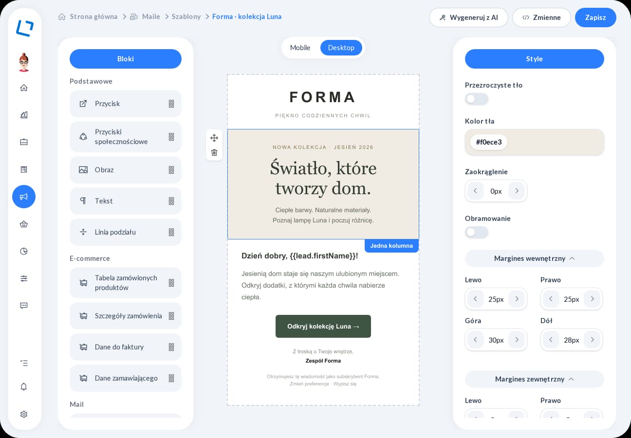 Edytor drag and drop wiadomości email w oroom.one z podglądem szablonu