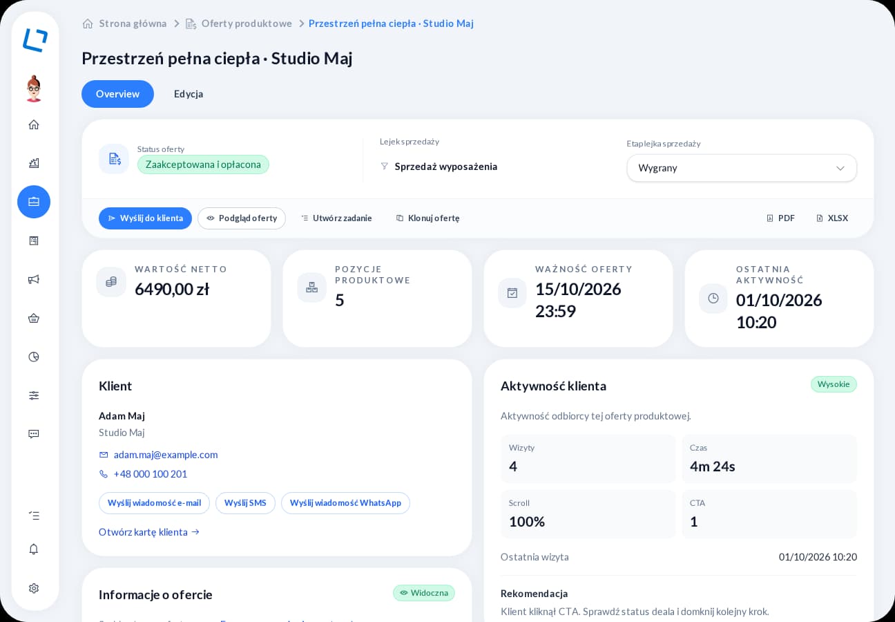 Podsumowanie oferty oroom.one ze statusem, etapem sprzedaży i aktywnością klienta